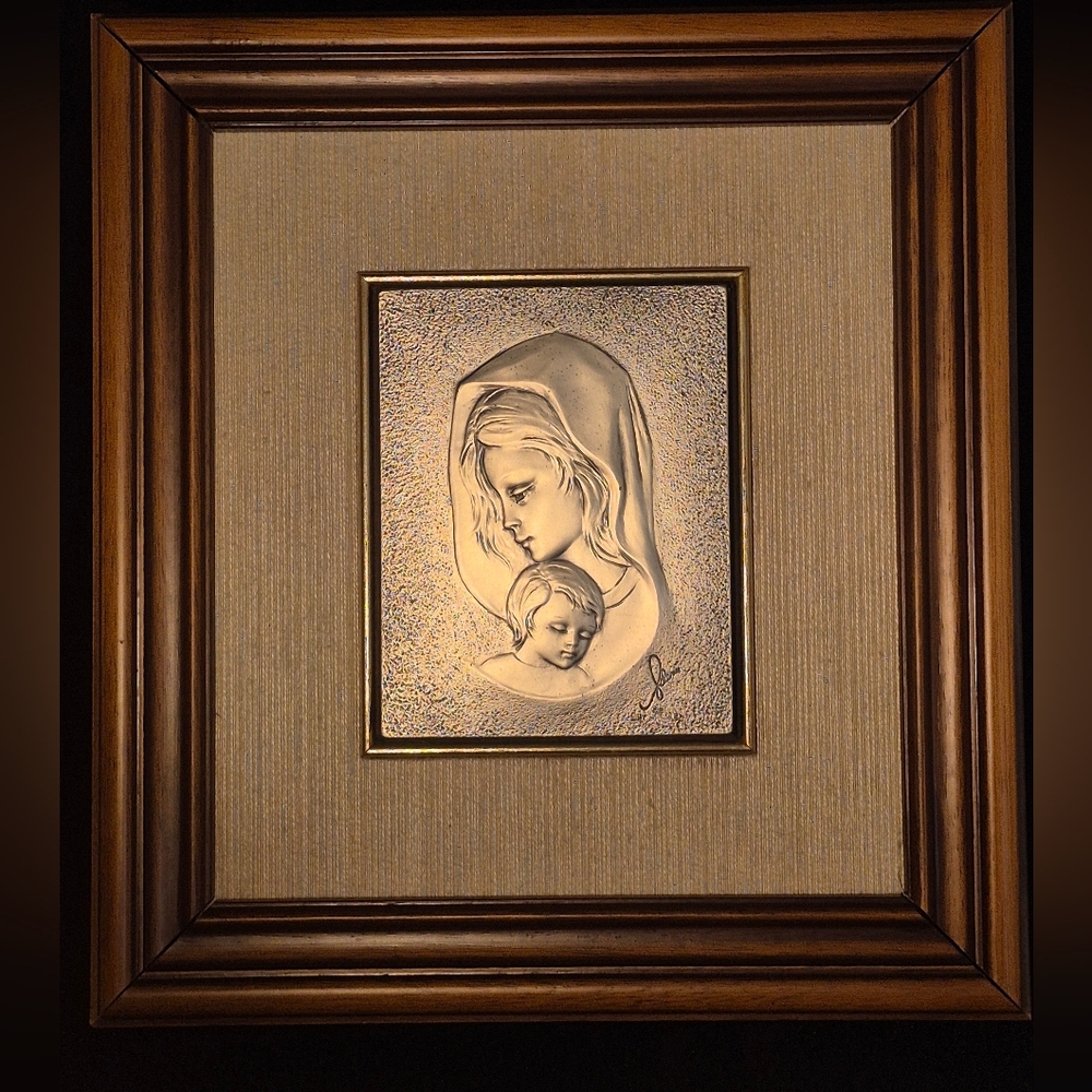 925 Silver Plate Artisanal Framed Religious Artwork with Wood Frame - Mary/Jesus